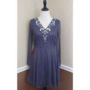 Frock and Frill Gray Mesh Long Sleeve Embroidered Beaded Sequins Modcloth Dress